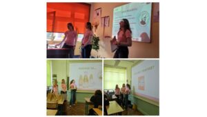 Grafika przedstawia trzy zdjęcia z prezentacji szkolnej. Na górnym zdjęciu trzy uczennice w różowych koszulkach stoją przy tablicy z rzutnikiem i omawiają slajd dotyczący celów projektu. Na dolnych zdjęciach te same uczennice prezentują projekt „Fonfree” przed klasą – stoją obok ekranu z prezentacją, a na ławkach widać torby i materiały. W tle znajduje się sala lekcyjna z oknami i zielonymi roletami.