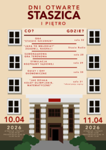 Plakat „Dni Otwarte Staszica – I piętro”. Lista atrakcji (m.in. Q&A, radio, gra terenowa, symulacja rozprawy, quizy ekonomiczne, koło matematyczne) wraz z numerami sal (28–32). Na dole terminy: 10.04.2026 (13:00–16:30) i 11.04.2026 (10:00–13:30). Grafika przedstawia stylizowany budynek szkoły z oknami i wejściem.
