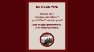 Plakat „Dni Otwarte 2026” na jasnym tle z czerwonym obramowaniem. Centralnie czerwony tekst: informacja o dniach otwartych oraz zaproszenie do udziału 10 lub 11 kwietnia. Komunikat o zapisach przez formularz i ograniczonej liczbie miejsc. Na dole okrągłe zdjęcie budynku szkoły otoczonego drzewami.