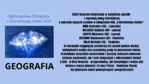 Grafika informuje o sukcesach uczniów w Ogólnopolskiej Olimpiadzie „O Diamentowy Indeks AGH”, wymieniając laureatów i finalistów oraz podkreślając znaczenie geografii i Dnia Geografa.