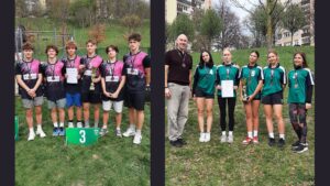 Zdjęcie 1 (po lewej) – skrót (opis alternatywny WCAG): Sześciu nastoletnich chłopców w czarno-różowych strojach sportowych stoi na trawie z medalami; jeden trzyma puchar, inny dyplom. Przed nimi zielona tabliczka z numerem „3”, w tle bloki i plac do ćwiczeń. Zdjęcie 2 (po prawej) – skrót (opis alternatywny WCAG): Dorosły mężczyzna i pięć nastolatek w zielonych strojach sportowych stoją na trawie z medalami; jedna trzyma dyplom, inna puchar. W tle drzewa i budynki mieszkalne.