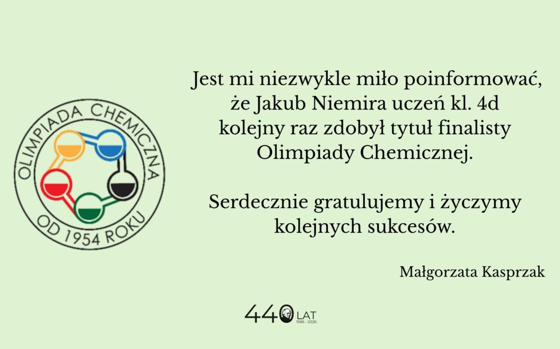 Grafika na jasnym, zielonym tle z informacją o sukcesie ucznia. Po lewej okrągłe logo „Olimpiada Chemiczna od 1954 roku” z symbolami kolb w różnych kolorach. Po prawej tekst gratulacyjny informujący, że Jakub Niemira, uczeń klasy 4d, ponownie zdobył tytuł finalisty Olimpiady Chemicznej. Na dole podpis „Małgorzata Kasprzak” oraz informacja „440 lat 1586–2026”.