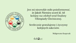 Grafika na jasnym, zielonym tle z informacją o sukcesie ucznia. Po lewej okrągłe logo „Olimpiada Chemiczna od 1954 roku” z symbolami kolb w różnych kolorach. Po prawej tekst gratulacyjny informujący, że Jakub Niemira, uczeń klasy 4d, ponownie zdobył tytuł finalisty Olimpiady Chemicznej. Na dole podpis „Małgorzata Kasprzak” oraz informacja „440 lat 1586–2026”.