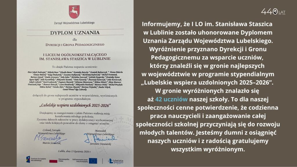 Grafika składa się z dwóch części. Po lewej stronie widoczny jest oficjalny dyplom uznania Zarządu Województwa Lubelskiego z czerwonym herbem u góry. Dokument przyznano Dyrekcji i Gronu Pedagogicznemu I Liceum Ogólnokształcącego im. Stanisława Staszica w Lublinie za wsparcie uczniów wyróżnionych w programie „Lubelskie wspiera uzdolnionych 2025–2026”. Na dole znajdują się podpisy oraz logotypy instytucji.

Po prawej stronie znajduje się tekst informacyjny na ciemnym tle, podkreślający, że aż 42 uczniów szkoły znalazło się w gronie najlepszych w województwie. Tekst wyraża dumę społeczności szkolnej i gratulacje dla wyróżnionych uczniów.