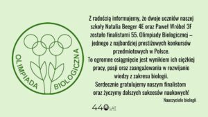 Grafika informacyjna na jasnym, zielonym tle. Po lewej stronie znajduje się okrągłe logo Olimpiady Biologicznej z motywem roślin i napisem „Olimpiada Biologiczna”. Po prawej widoczny jest tekst informujący, że Natalia Beeger (kl. 4E) i Paweł Wróbel (kl. 3E) zostali finalistami 55. Olimpiady Biologicznej. Treść podkreśla ich ciężką pracę i osiągnięcie oraz zawiera gratulacje od nauczycieli biologii. Na dole widnieje napis „440 lat 1586–2026”.