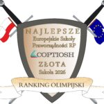 Grafika przedstawia stylizowany emblemat przypominający herb lub tarczę honorową, umieszczony centralnie na jasnoszarym tle. Całość ma charakter oficjalnego wyróżnienia edukacyjnego i nawiązuje do symboliki szkolnej, europejskiej oraz rycerskiej.