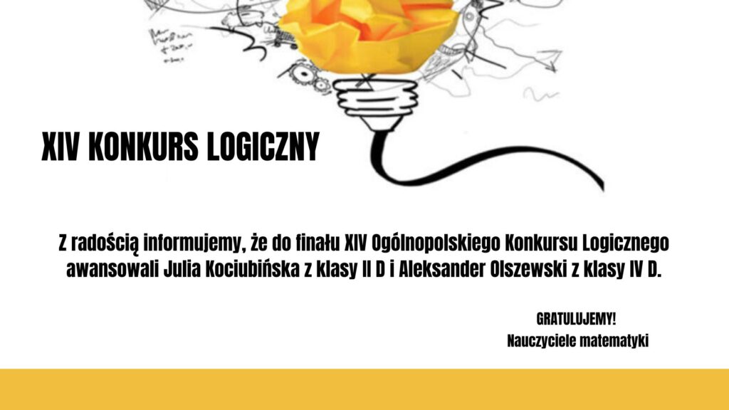 Grafika informacyjna o sukcesie uczniów w XIV Ogólnopolskim Konkursie Logicznym. Na jasnym tle widoczna stylizowana żarówka z geometrycznym, żółto-pomarańczowym wnętrzem. Poniżej znajduje się informacja o awansie Julii Kociubińskiej i Aleksandra Olszewskiego do finału konkursu oraz gratulacje od nauczycieli matematyki.