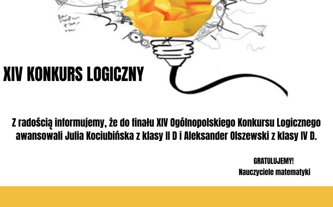 Grafika informacyjna o sukcesie uczniów w XIV Ogólnopolskim Konkursie Logicznym. Na jasnym tle widoczna stylizowana żarówka z geometrycznym, żółto-pomarańczowym wnętrzem. Poniżej znajduje się informacja o awansie Julii Kociubińskiej i Aleksandra Olszewskiego do finału konkursu oraz gratulacje od nauczycieli matematyki.