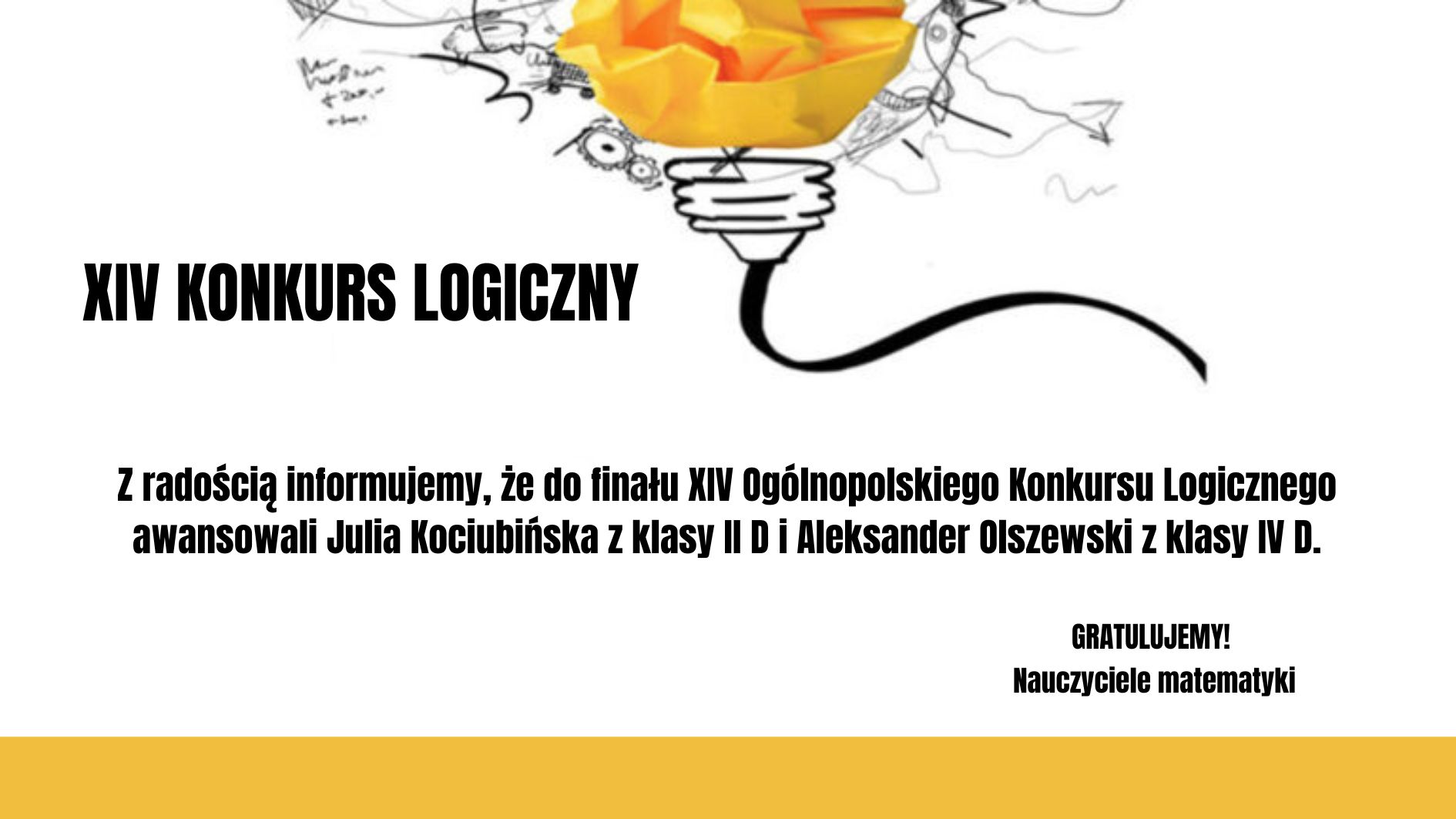 Grafika informacyjna o sukcesie uczniów w XIV Ogólnopolskim Konkursie Logicznym. Na jasnym tle widoczna stylizowana żarówka z geometrycznym, żółto-pomarańczowym wnętrzem. Poniżej znajduje się informacja o awansie Julii Kociubińskiej i Aleksandra Olszewskiego do finału konkursu oraz gratulacje od nauczycieli matematyki.