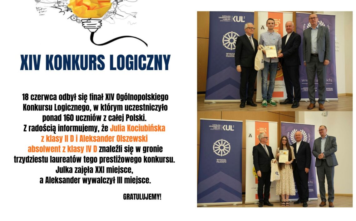 Uczniowie Staszica odnieśli sukces w XIV Ogólnopolskim Konkursie Logicznym. Julia Kociubińska została laureatką, zajmując XXI miejsce, a absolwent Aleksander Olszewski wywalczył III miejsce w gronie najlepszych uczestników z całej Polski. Gratulujemy!