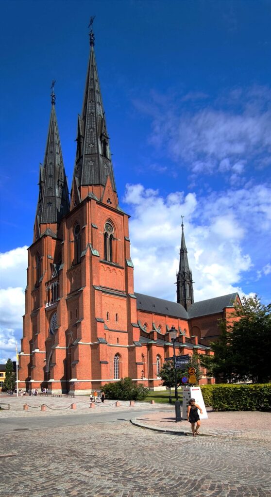 Monumentalna ceglana katedra o dwóch bardzo wysokich, smukłych wieżach góruje nad miejskim placem. Budowla utrzymana jest w stylu neogotyckim, a na pierwszym planie widoczny jest brukowany plac oraz pojedynci przechodnie.