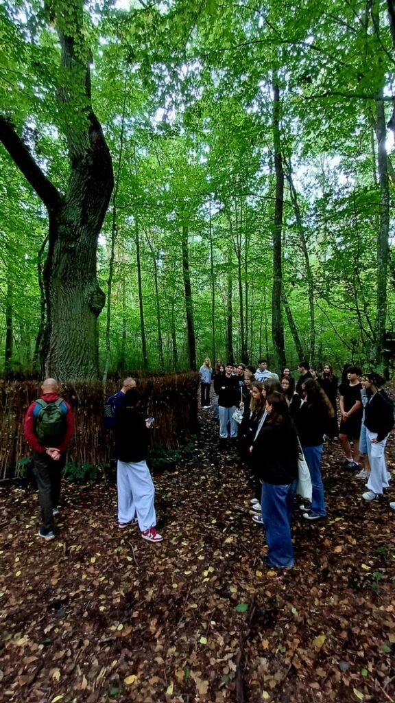 Uczniowie i opiekunowie stoją na leśnej ścieżce podczas zajęć terenowych. Obok nich znajduje się potężny pień starego drzewa, a całą grupę otacza gęsty, zielony las.