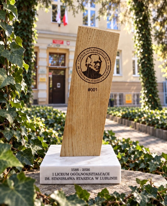 Drewniana statuetka z wizerunkiem Stanisława Staszica i napisem „I Liceum Ogólnokształcące im. Stanisława Staszica w Lublinie”, oznaczona numerem „#001”. Stoi na jasnej podstawie z datami „1586–2026”, w otoczeniu zielonego bluszczu, przed budynkiem szkoły.