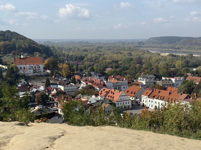 Panorama miasteczka oglądanego ze wzgórza. Dominują białe budynki z czerwonymi dachami; dalej widać lasy i rzekę.